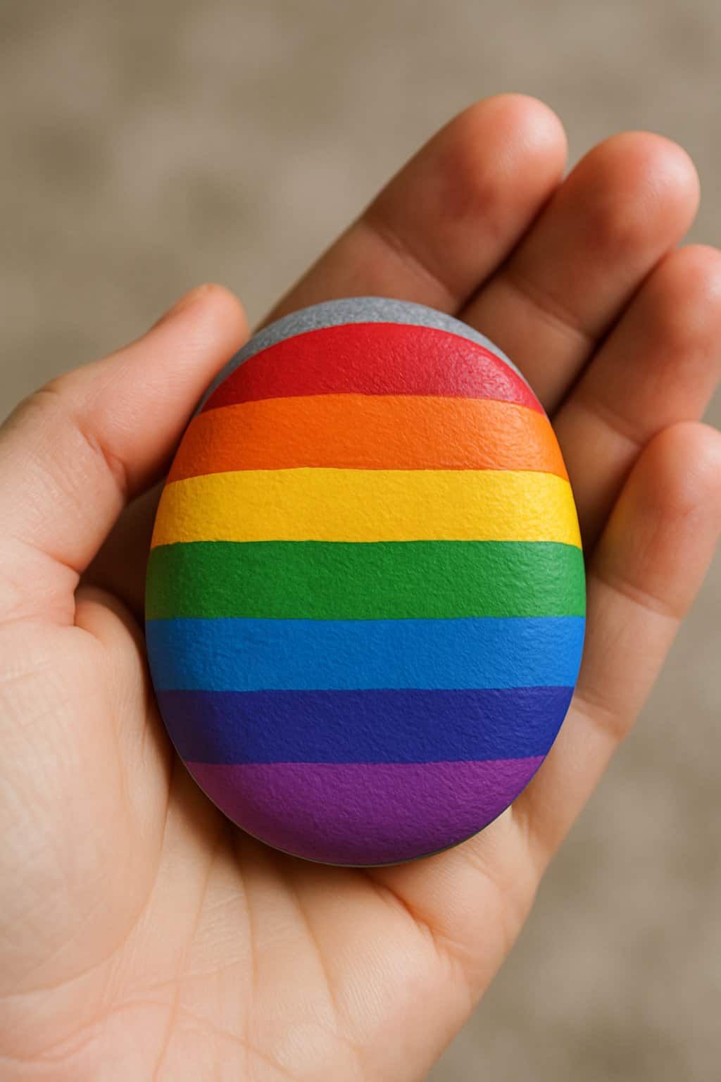 A hand holding a smooth river rock painted with colorful rainbow stripes.