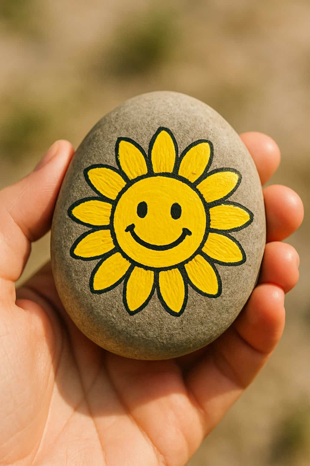 A hand holding a smooth river rock painted with a yellow sunflower and smiley face.