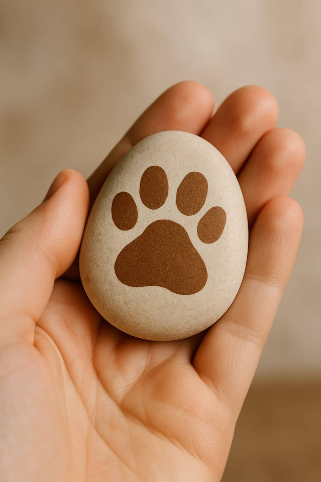A hand holding a smooth river rock painted with an animal paw print design.