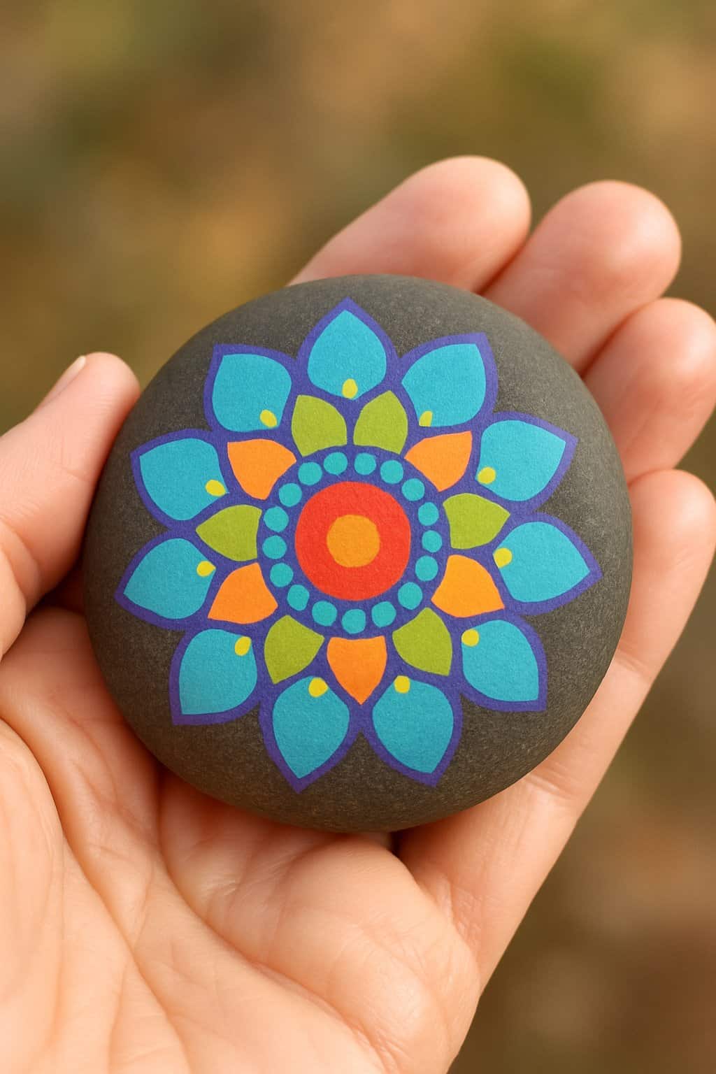 A hand holding a smooth river rock painted with a colorful mandala design.