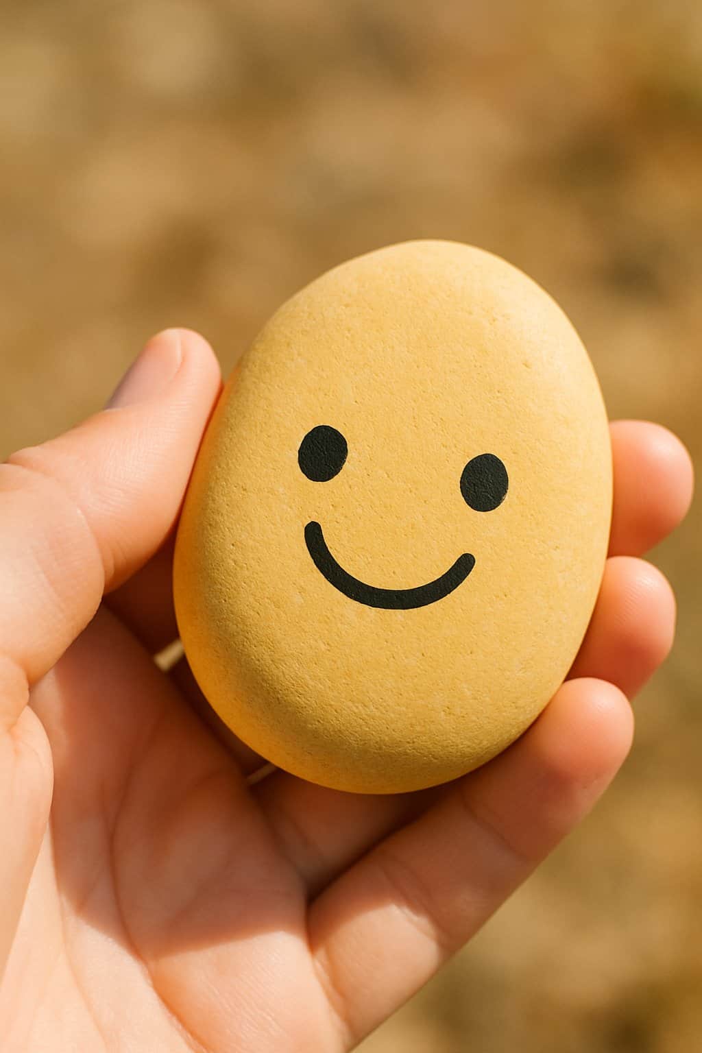 A hand holding a smooth river rock painted with a simple smiley face.