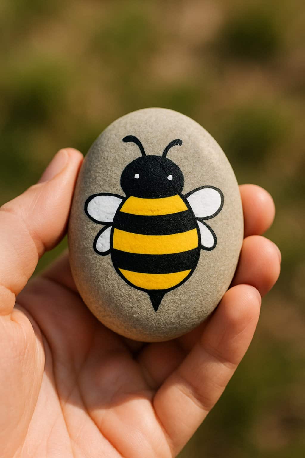 A hand holding a smooth river rock painted with a cute bumblebee design.