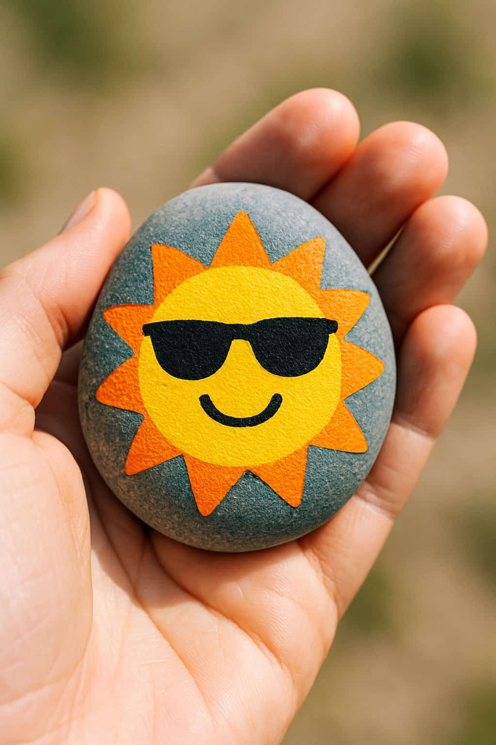 A hand holding a smooth river rock painted with a happy sun wearing sunglasses.