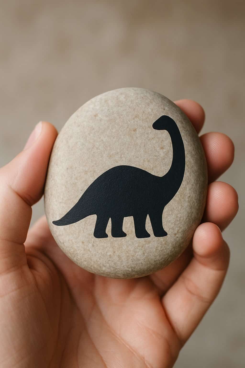 A hand holding a smooth river rock painted with a black dinosaur silhouette.