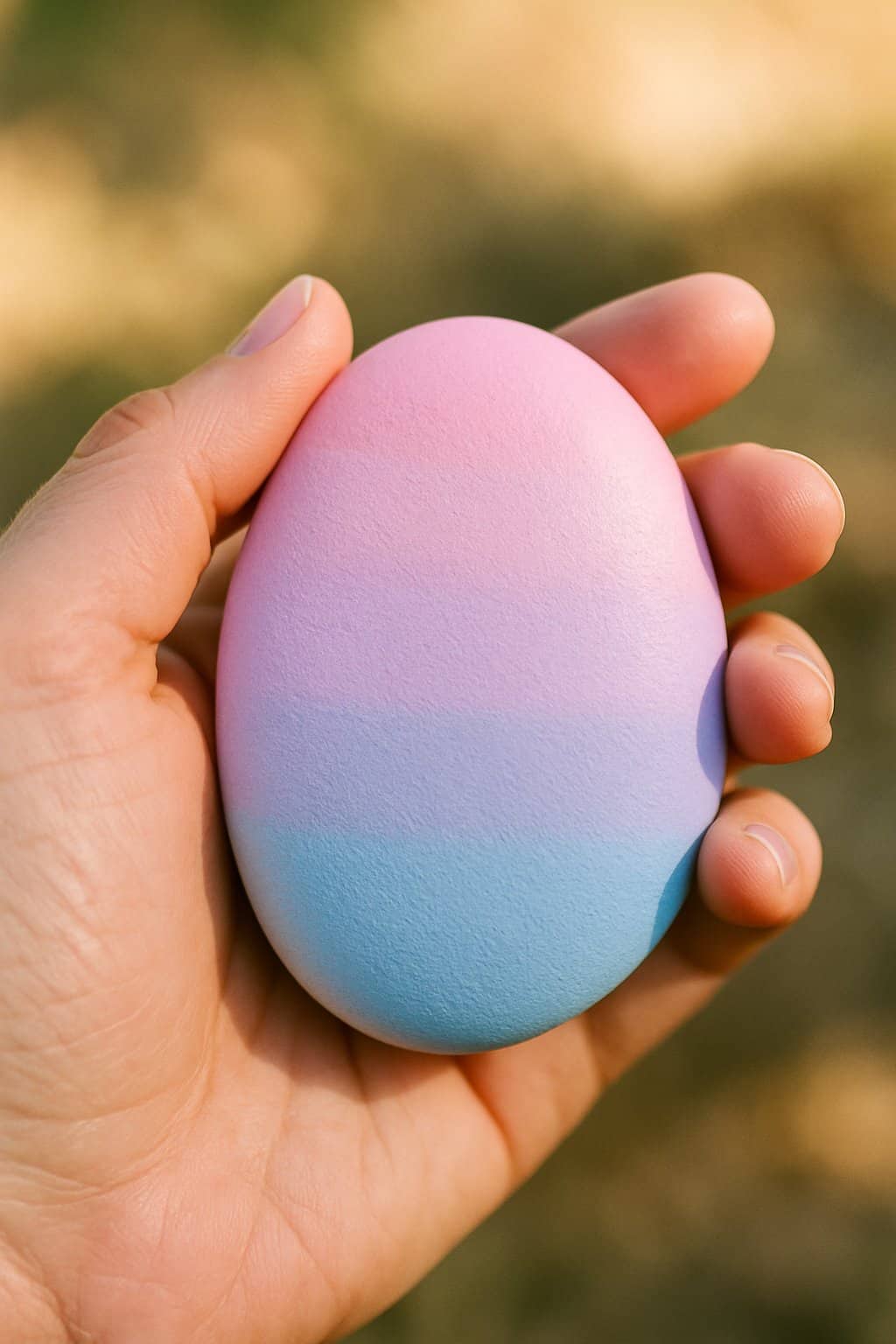 A hand holding a smooth river rock painted with soft pastel colors in a gradient.