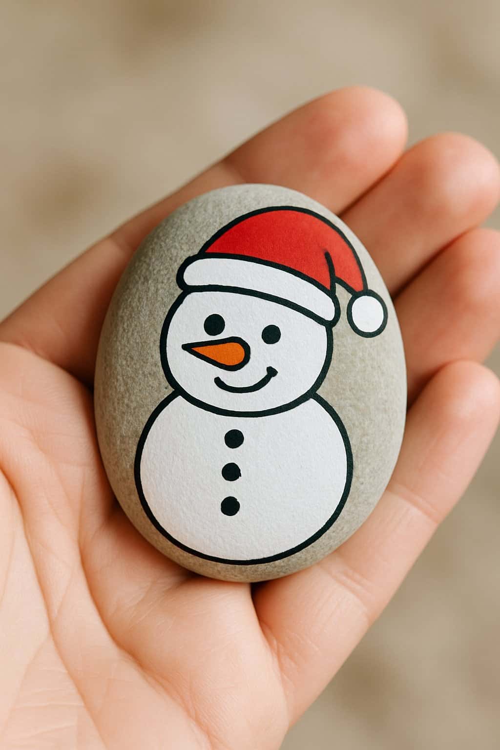 A hand holding a smooth river rock painted with a festive holiday design of a snowman or pumpkin.