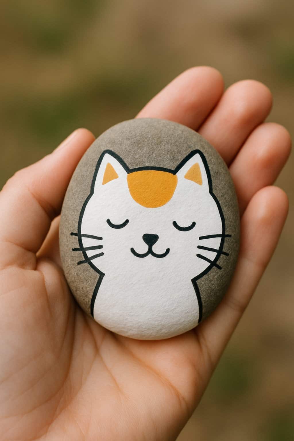 A hand holding a smooth river rock painted with a cute cat face.