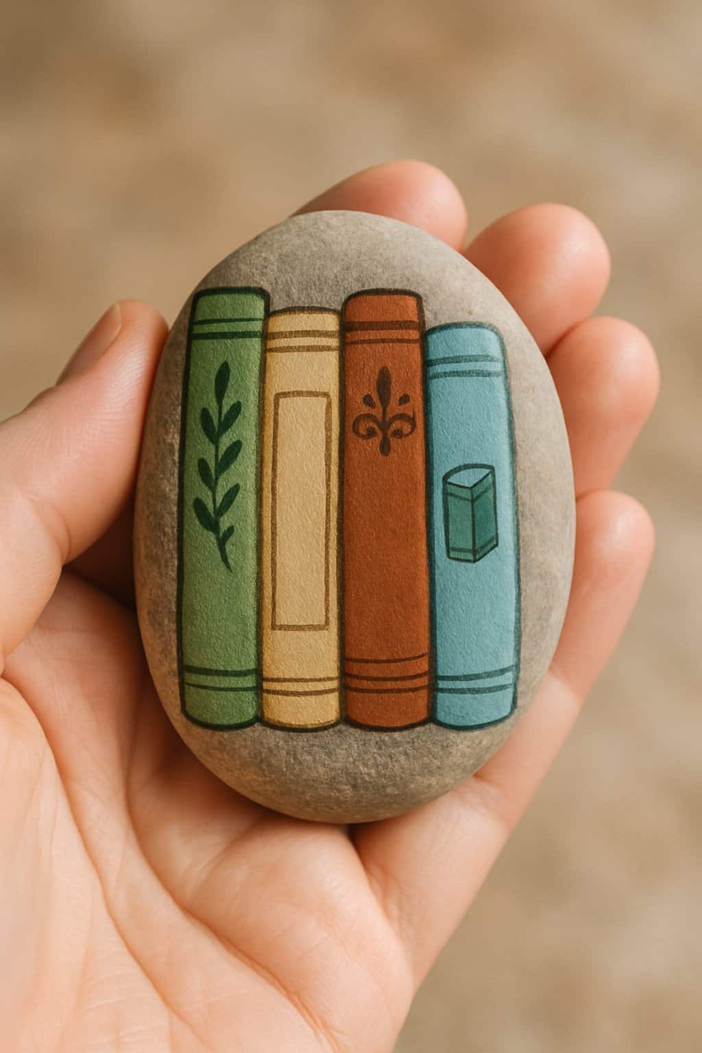 A hand holding a smooth painted river rock with a miniature book spine design.