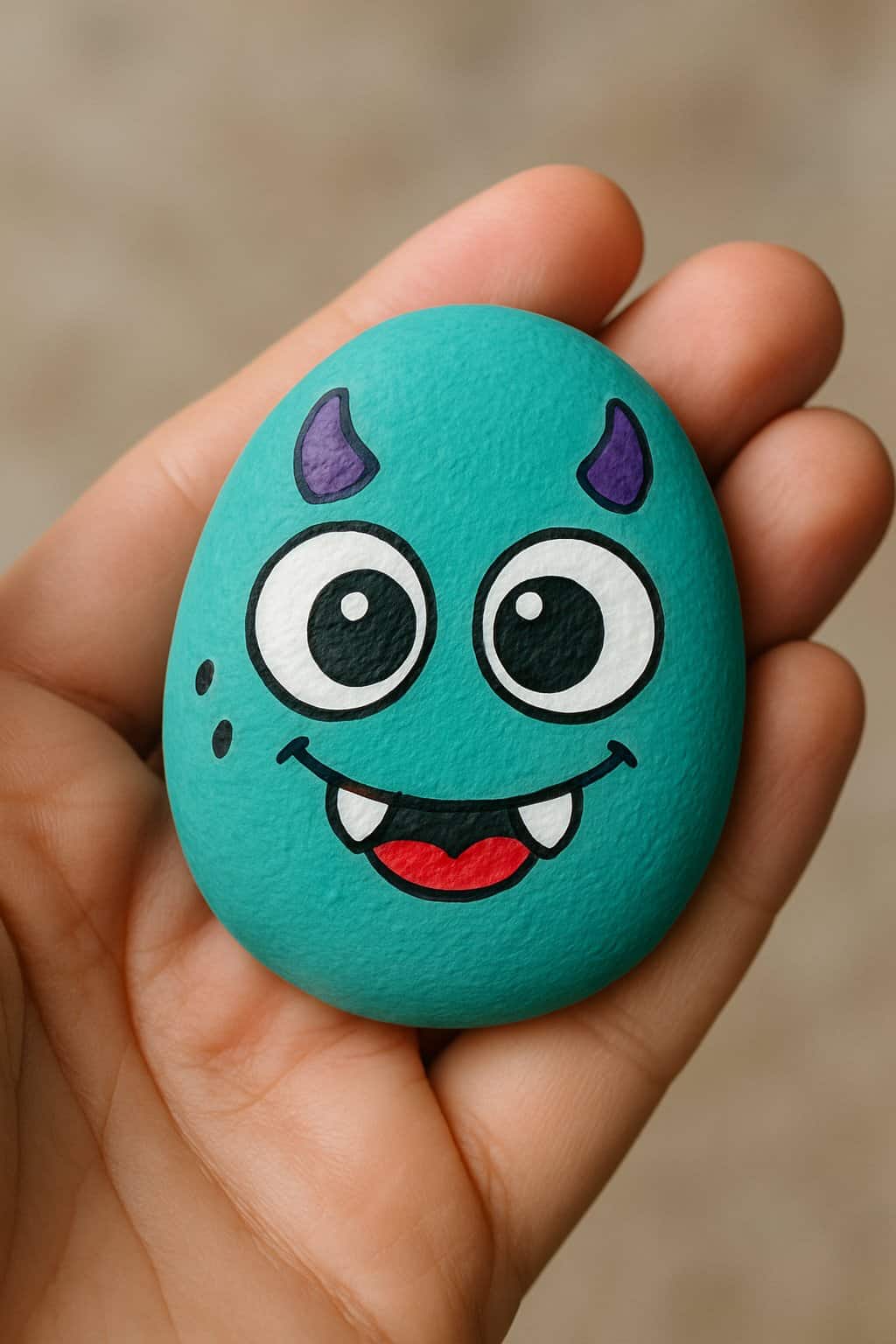 A hand holding a smooth river rock painted with a cute monster face with big eyes.