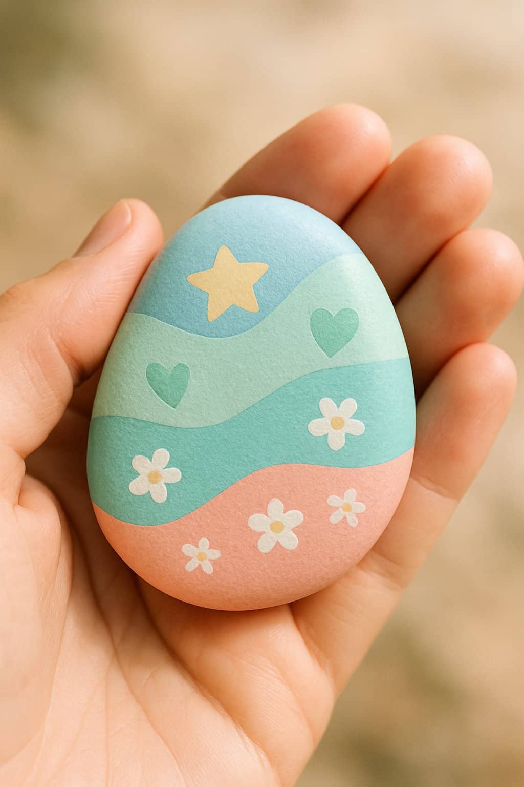 A hand holding a smooth river rock with a simple painted design on it.