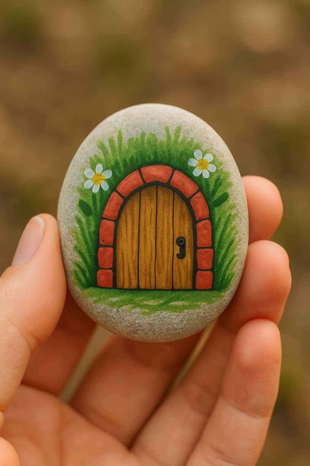 A hand holding a smooth river rock painted with a tiny fairy door design.