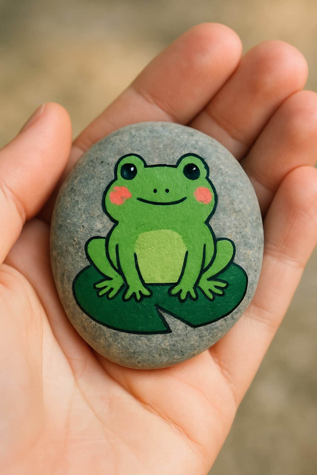 A hand holding a small smooth rock painted with a cute frog sitting on a lily pad.