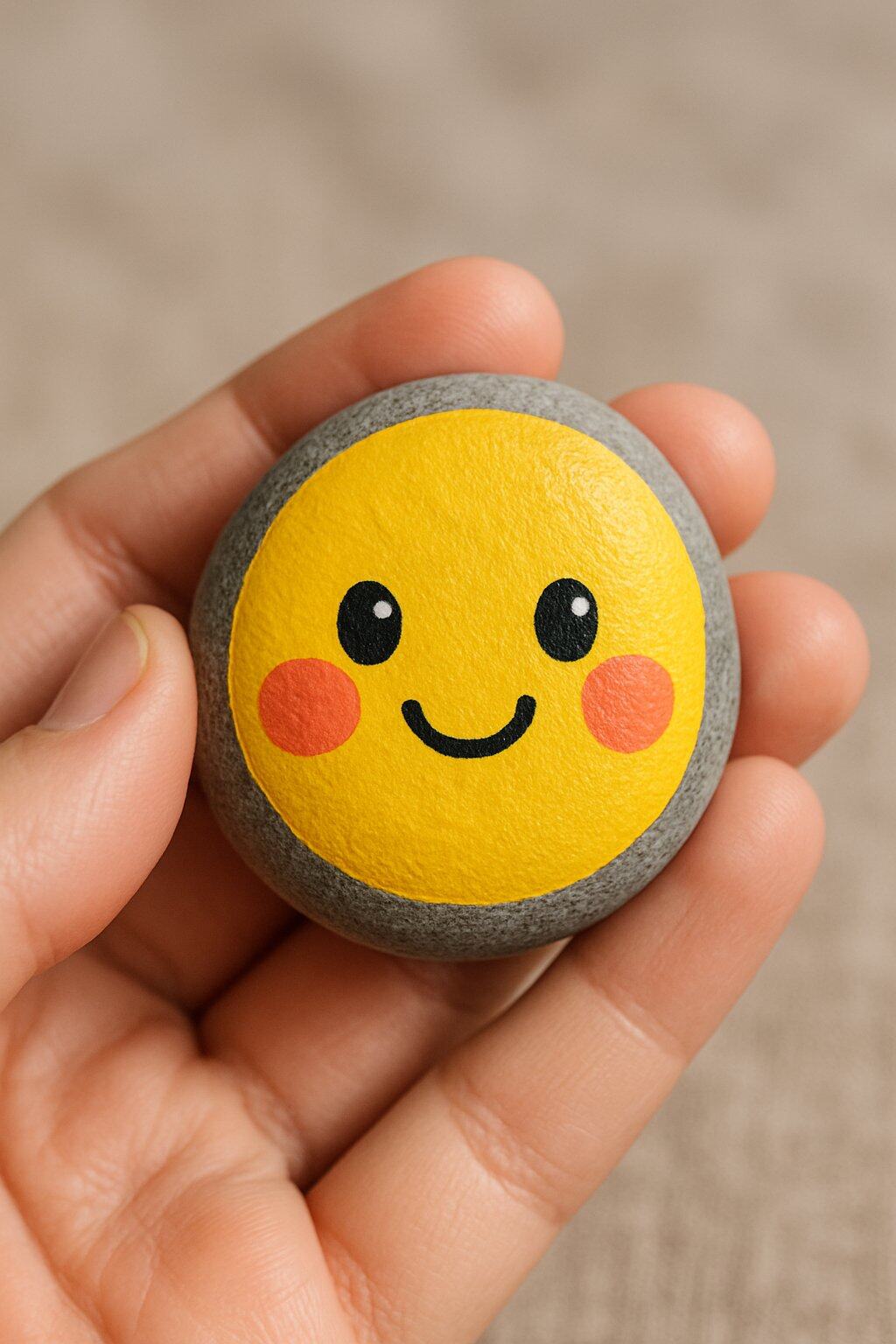 A hand holding a smooth river rock painted with a small emoji face.