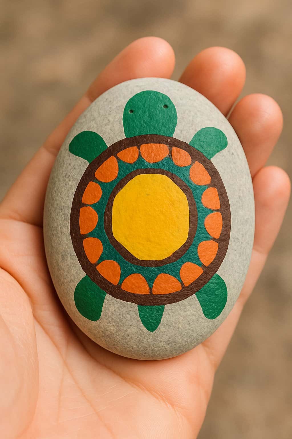 A hand holding a smooth river rock painted with a colorful turtle shell pattern.