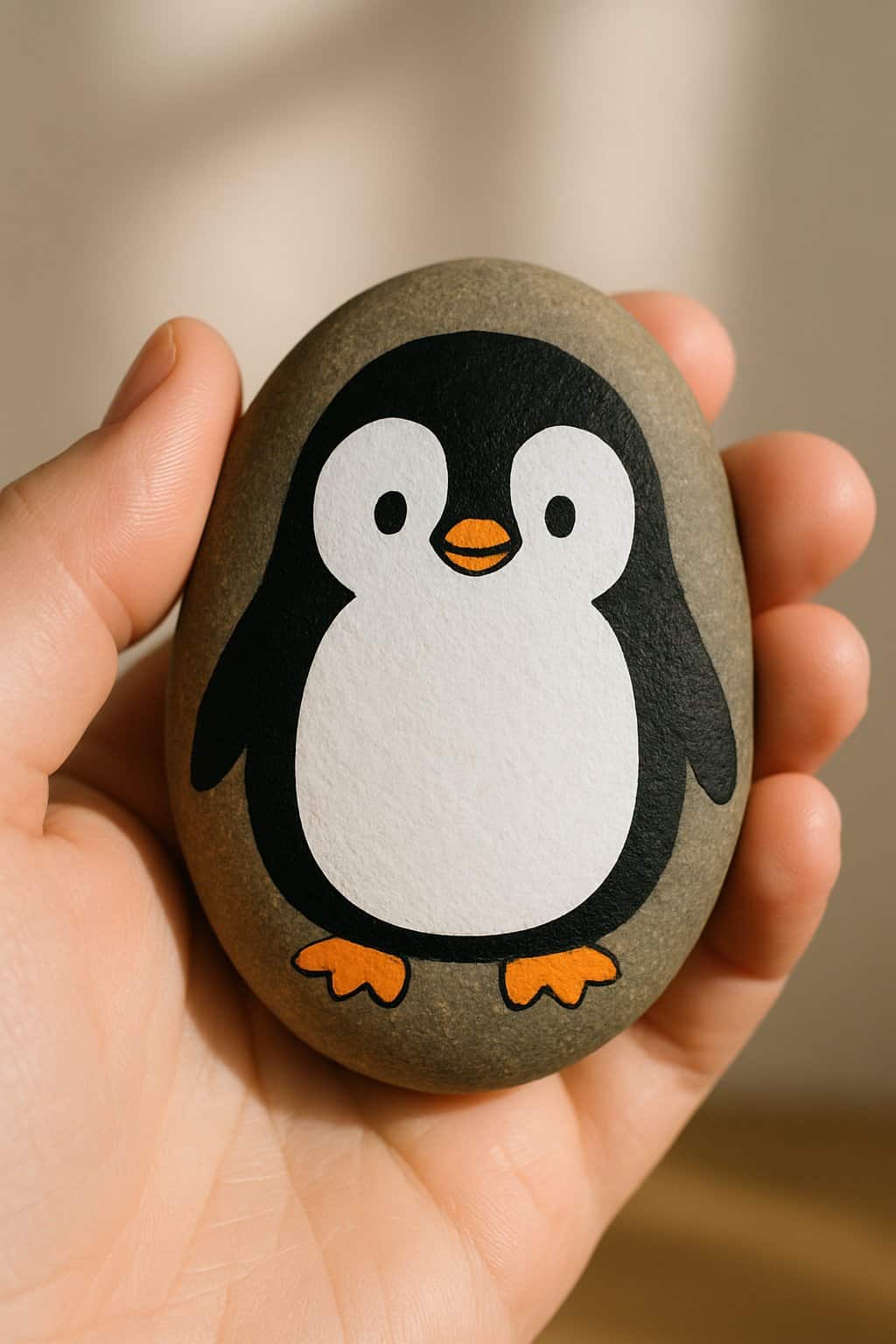 A hand holding a smooth river rock painted with a cute penguin design.