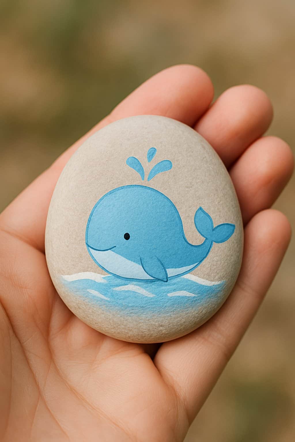 A hand holding a smooth river rock painted with a small whale splashing water.