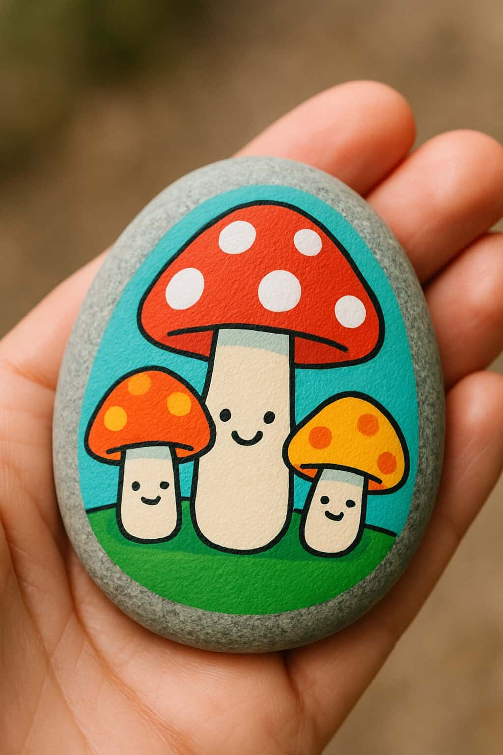A hand holding a smooth river rock painted with smiley-faced mushrooms.