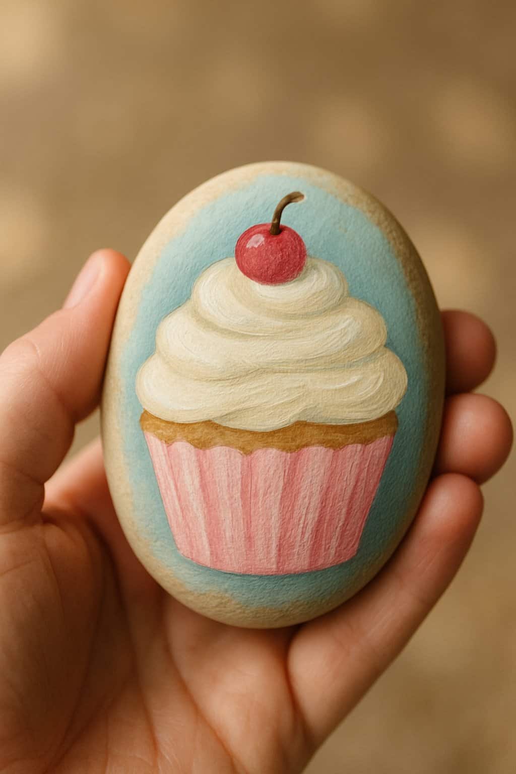 A hand holding a smooth river rock painted with a simple cupcake design.
