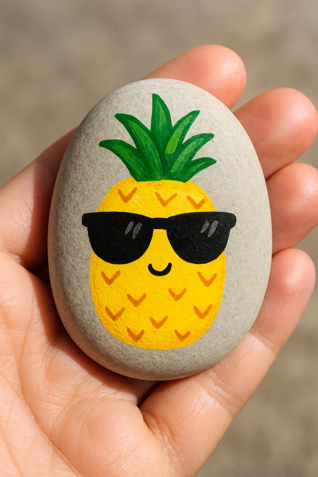 A hand holding a smooth river rock painted with a mini pineapple wearing sunglasses.