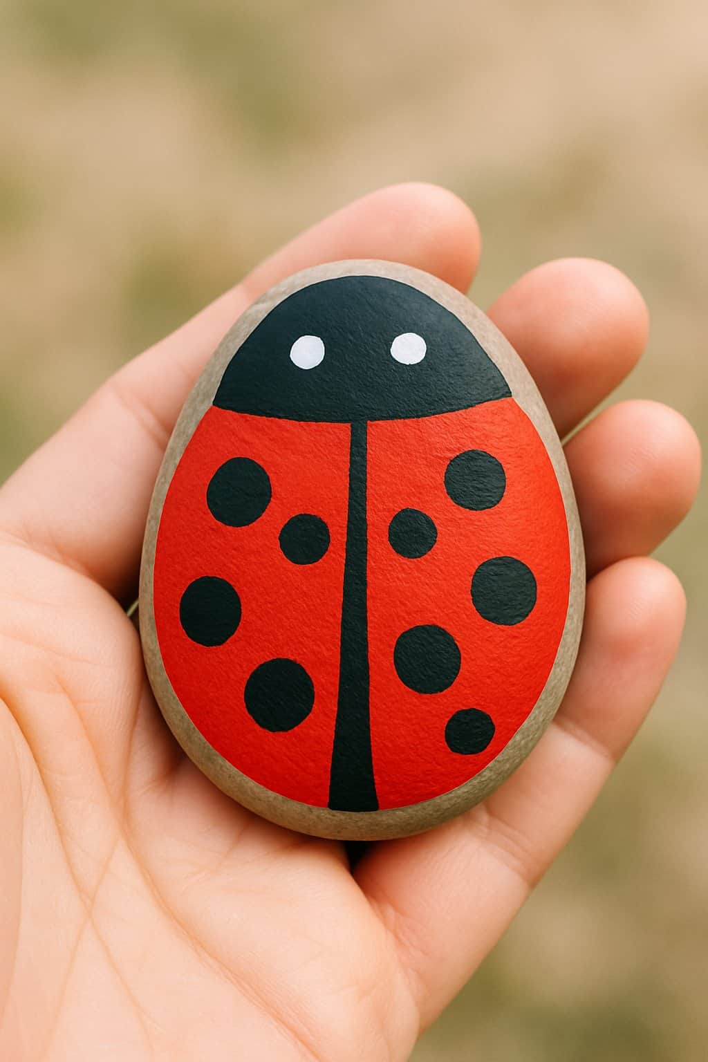 A hand holding a small painted rock with a ladybug design.