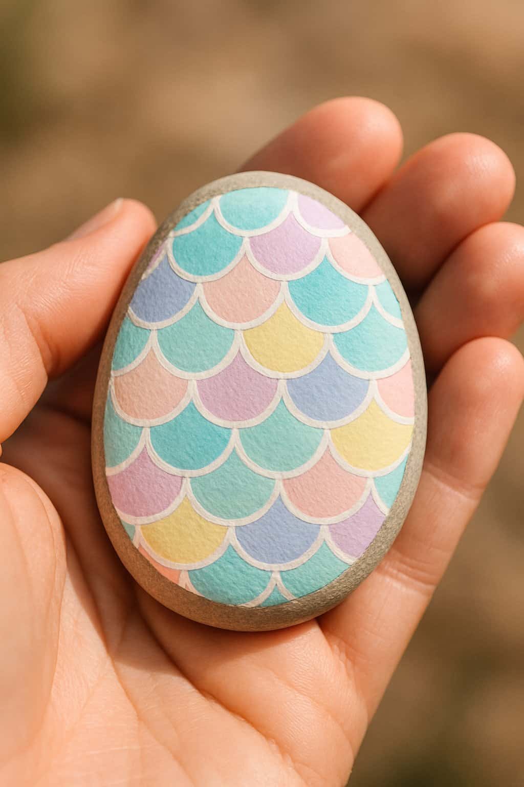 Hand holding a smooth river rock painted with a simple fish scale design.