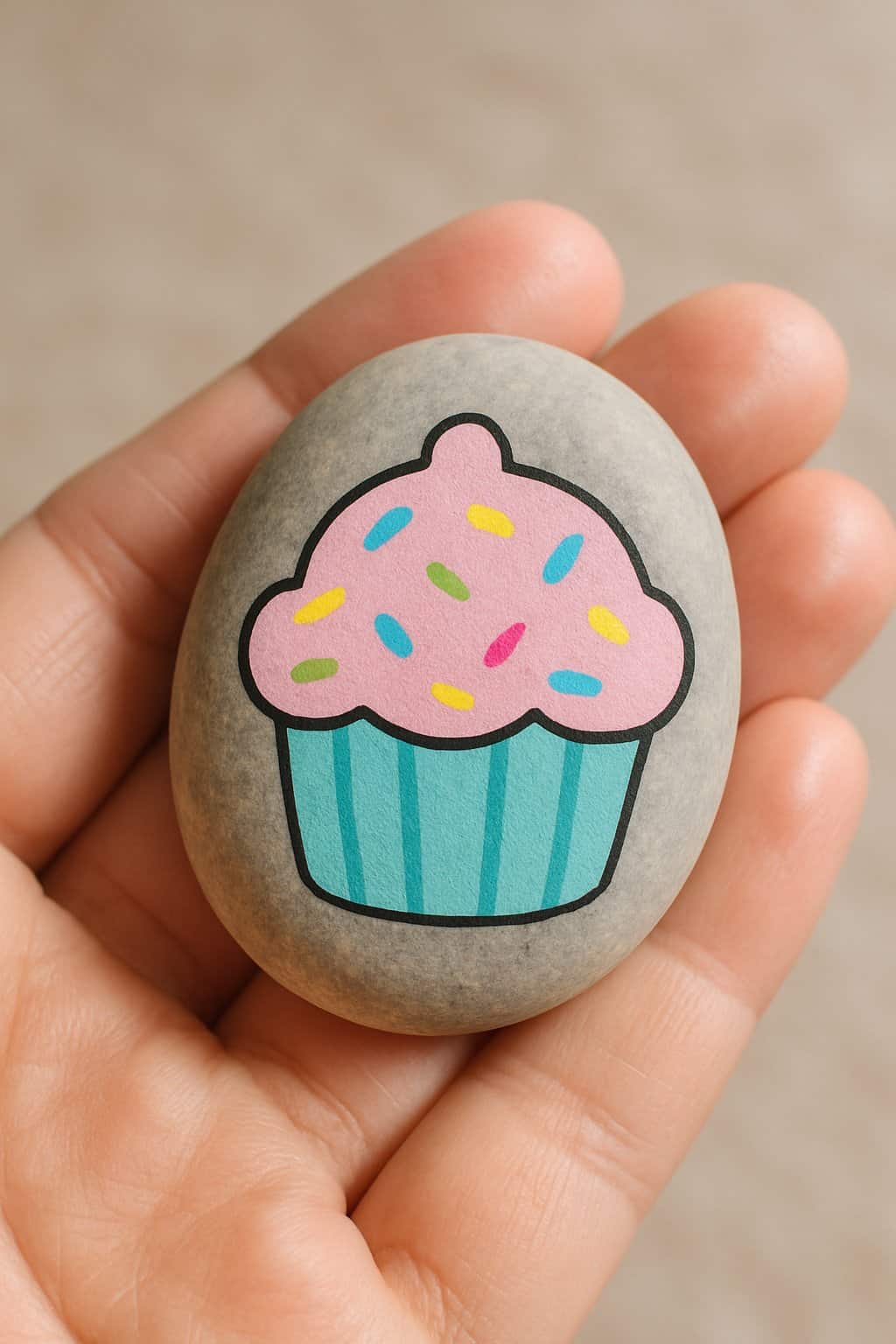 A hand holding a smooth river rock painted with a tiny cupcake design with sprinkles.