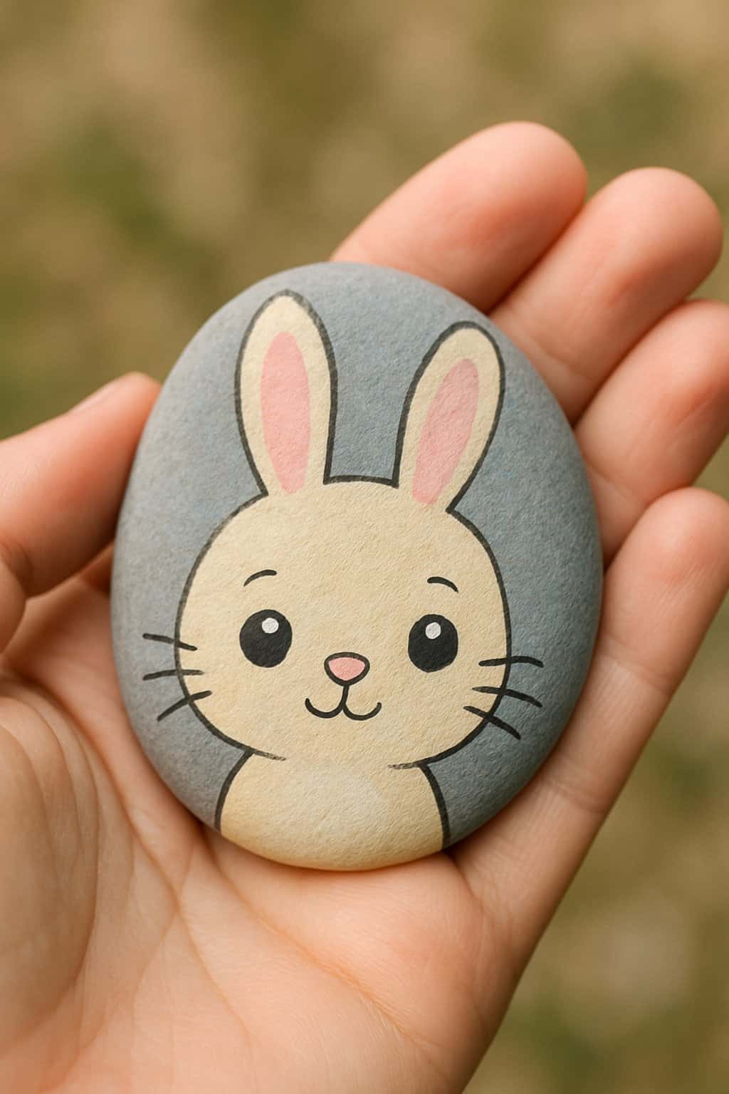 A hand holding a smooth river rock painted with a cute cartoon bunny face.