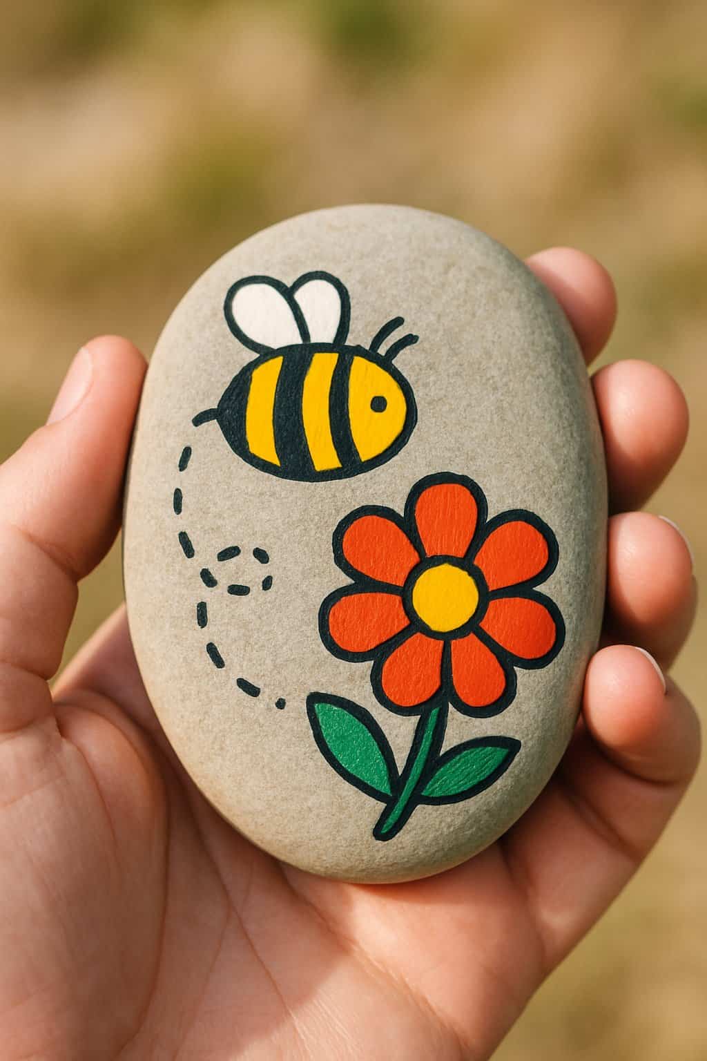 A hand holding a smooth river rock painted with a small bee and flower design.
