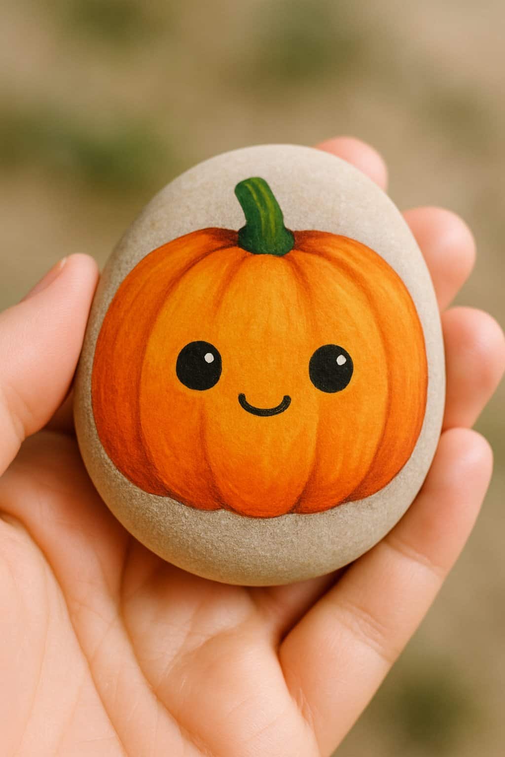 A hand holding a smooth river rock painted with a cute pumpkin face.