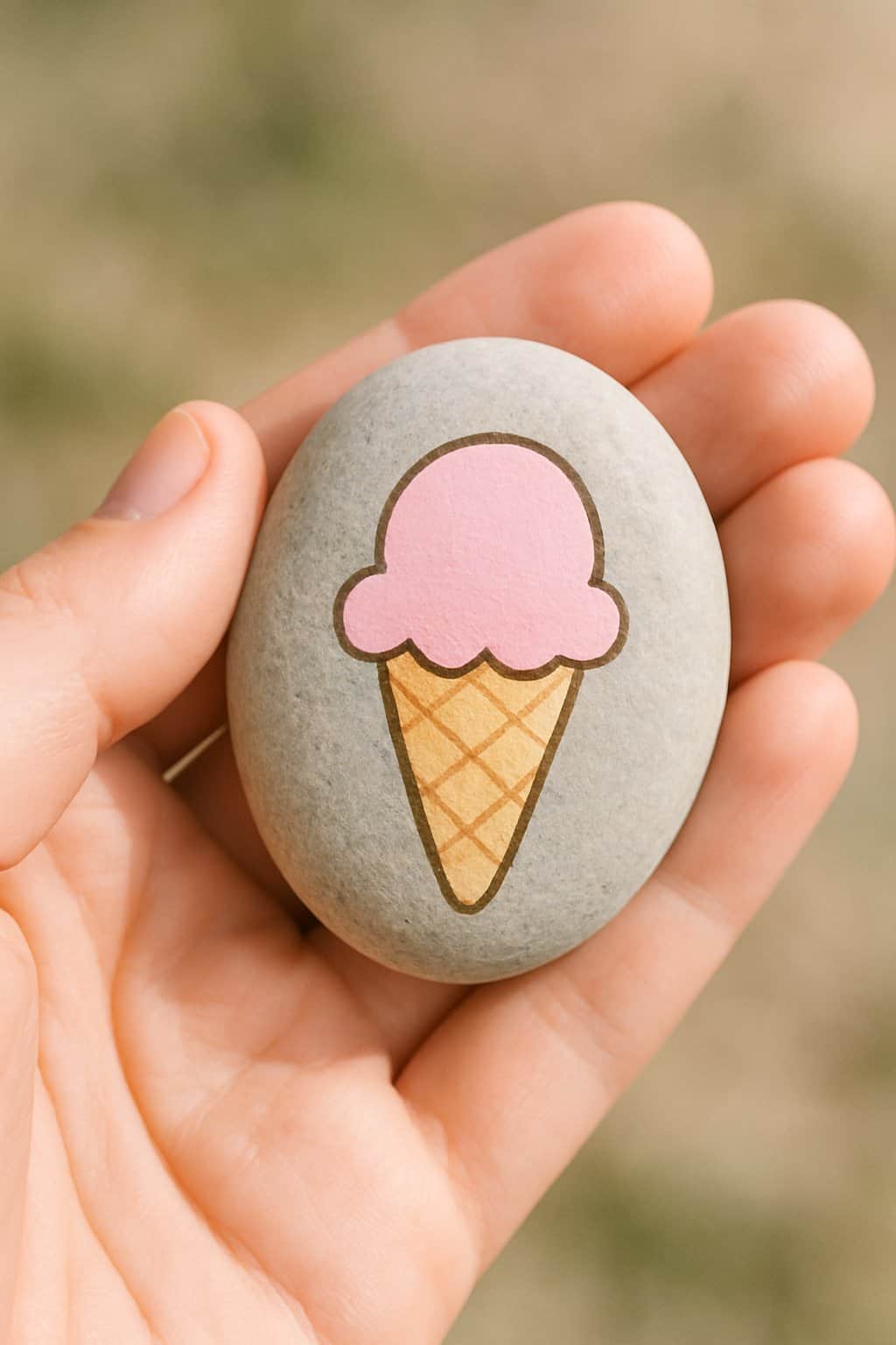 A hand holding a smooth river rock painted with a small ice cream cone design.