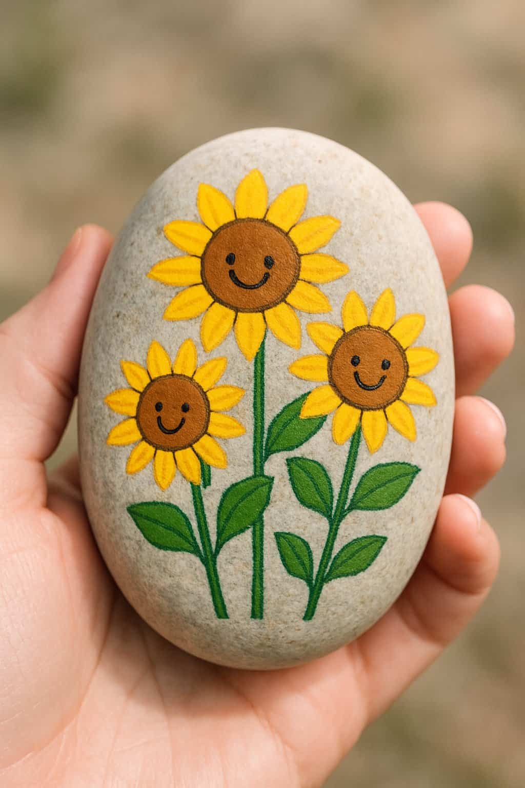 A hand holding a smooth river rock painted with smiling sunflowers.