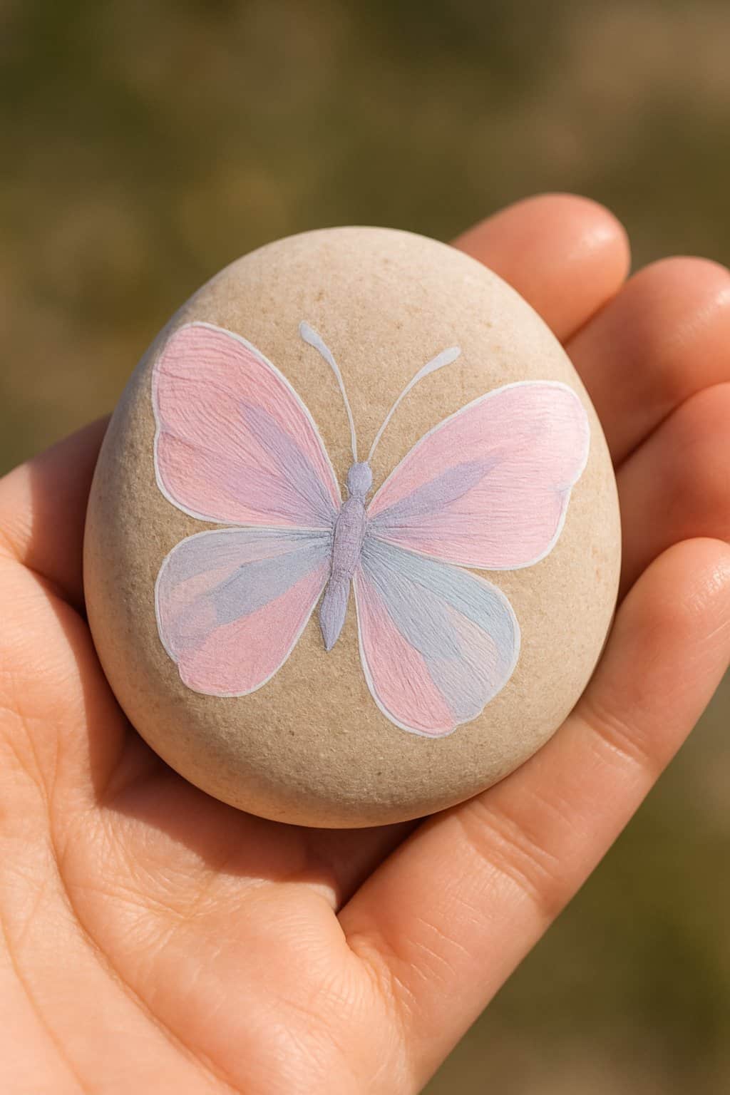 A hand holding a smooth river rock painted with a pastel butterfly design.