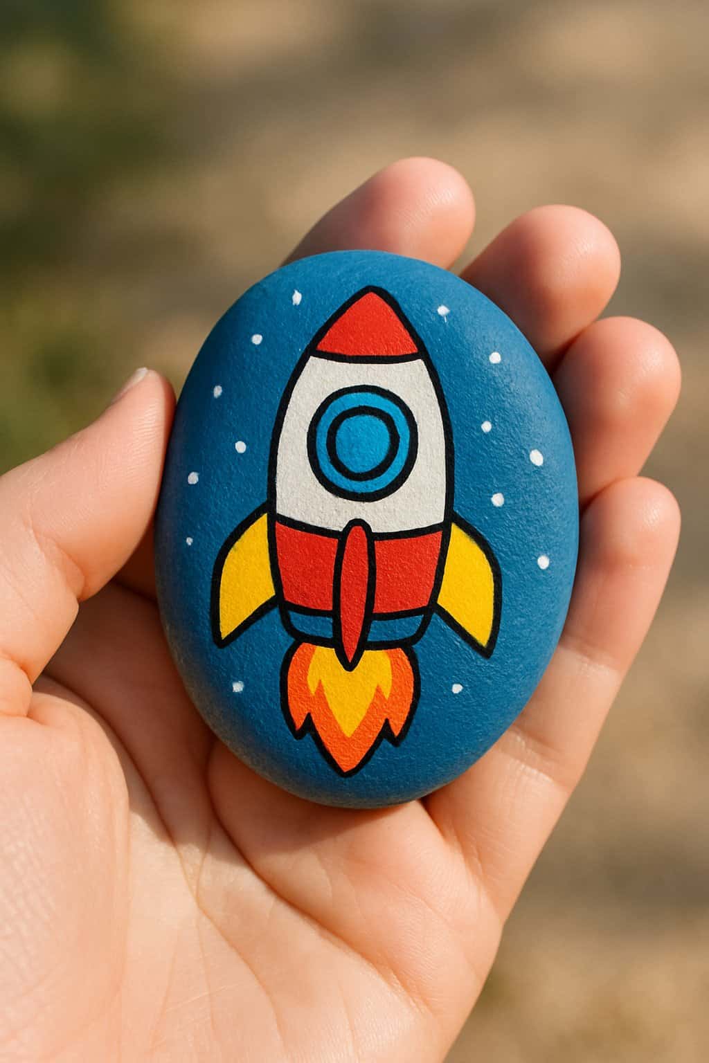 A hand holding a smooth river rock painted with a colorful rocket ship design.