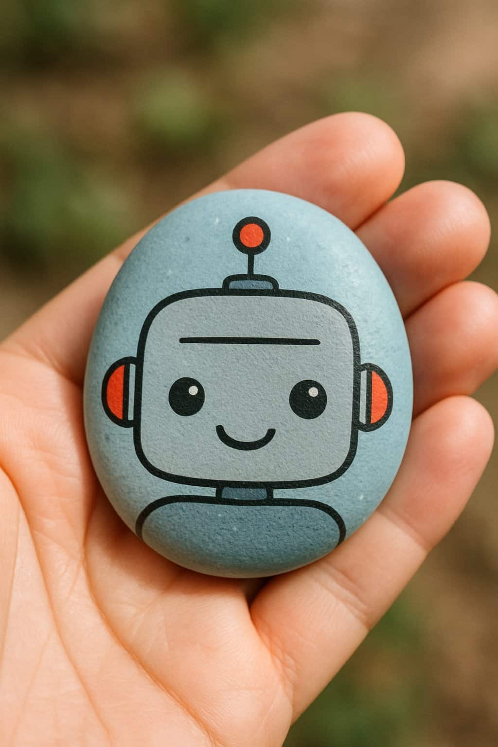 A hand holding a smooth river rock painted with a cute robot face.