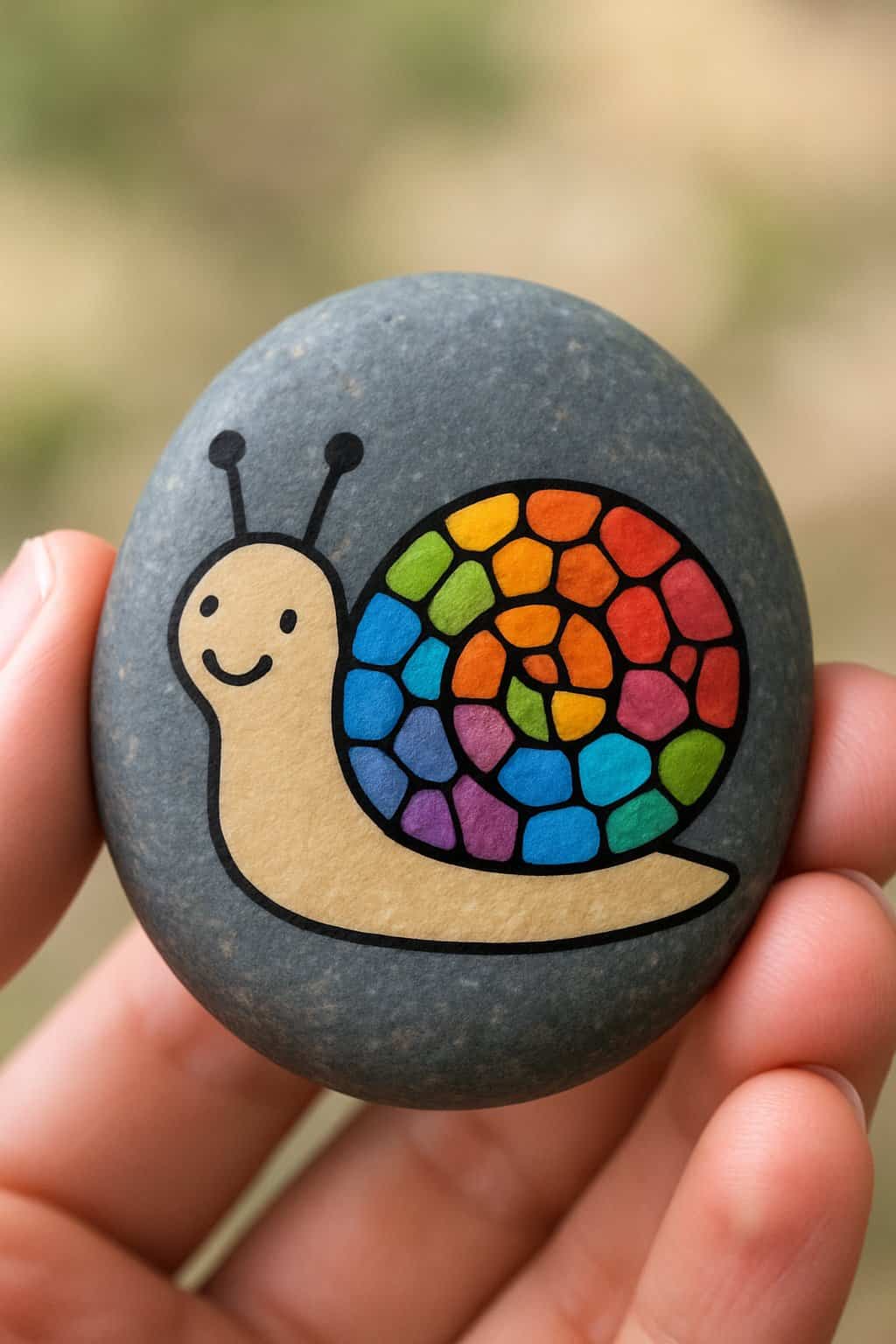 A hand holding a smooth river rock painted with a colorful snail design.