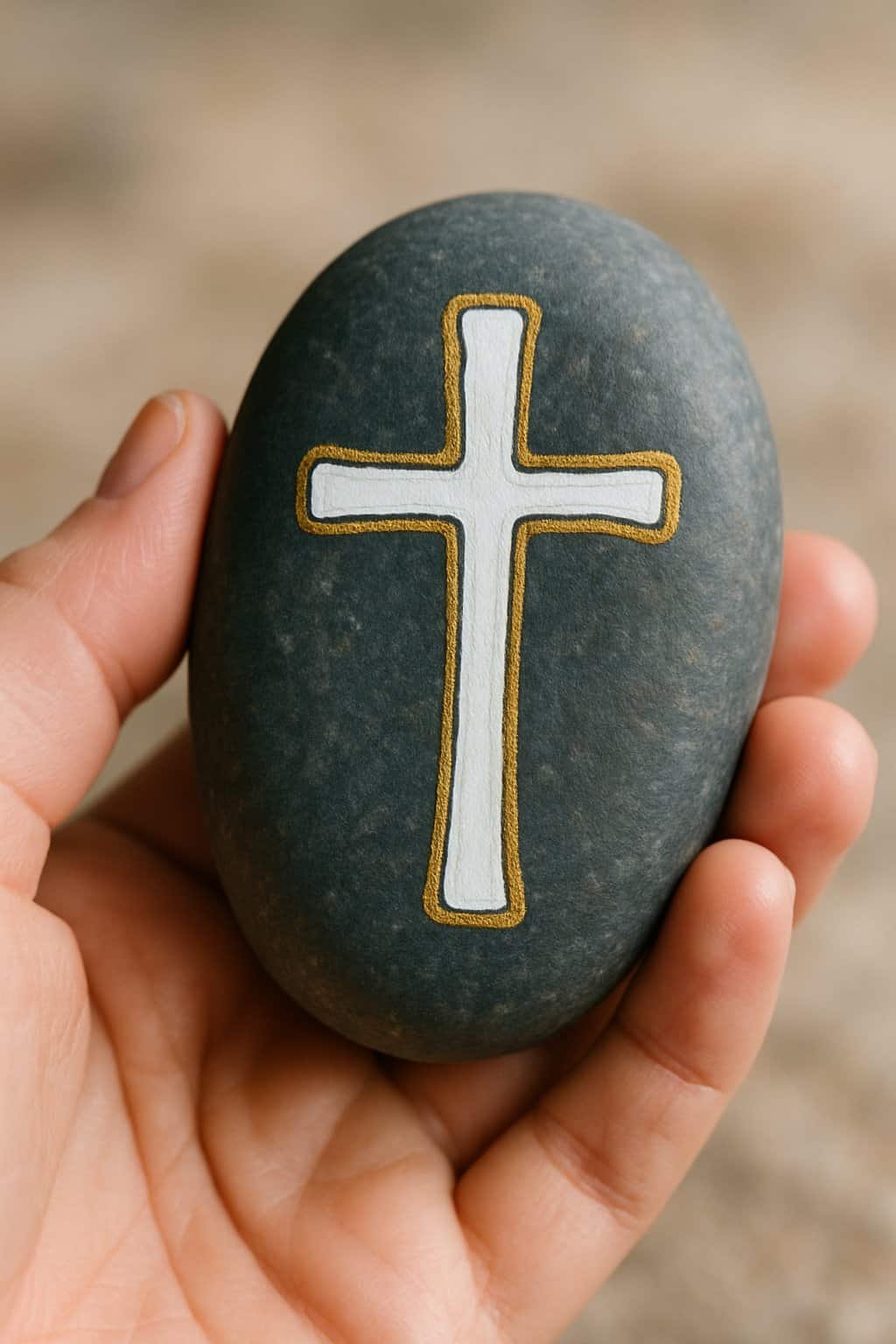 A hand holding a smooth river rock painted with a cross symbol and gold accents.