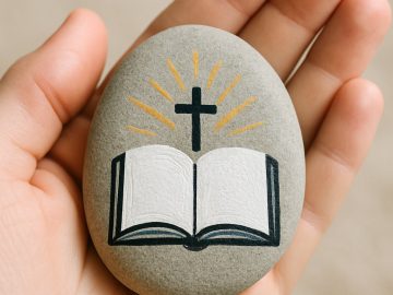 A hand holds a smooth stone painted with an open book, a cross above it, and yellow rays emanating from the cross, symbolizing faith and knowledge.