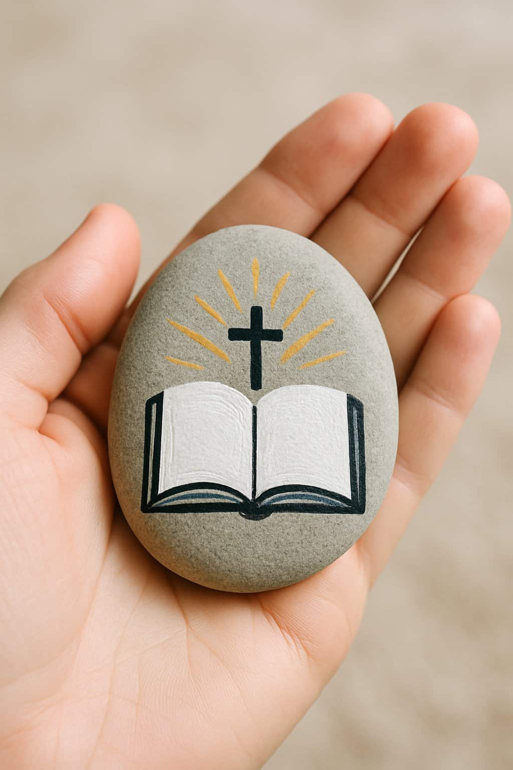 A hand holding a smooth painted river rock with a simple Christian design.