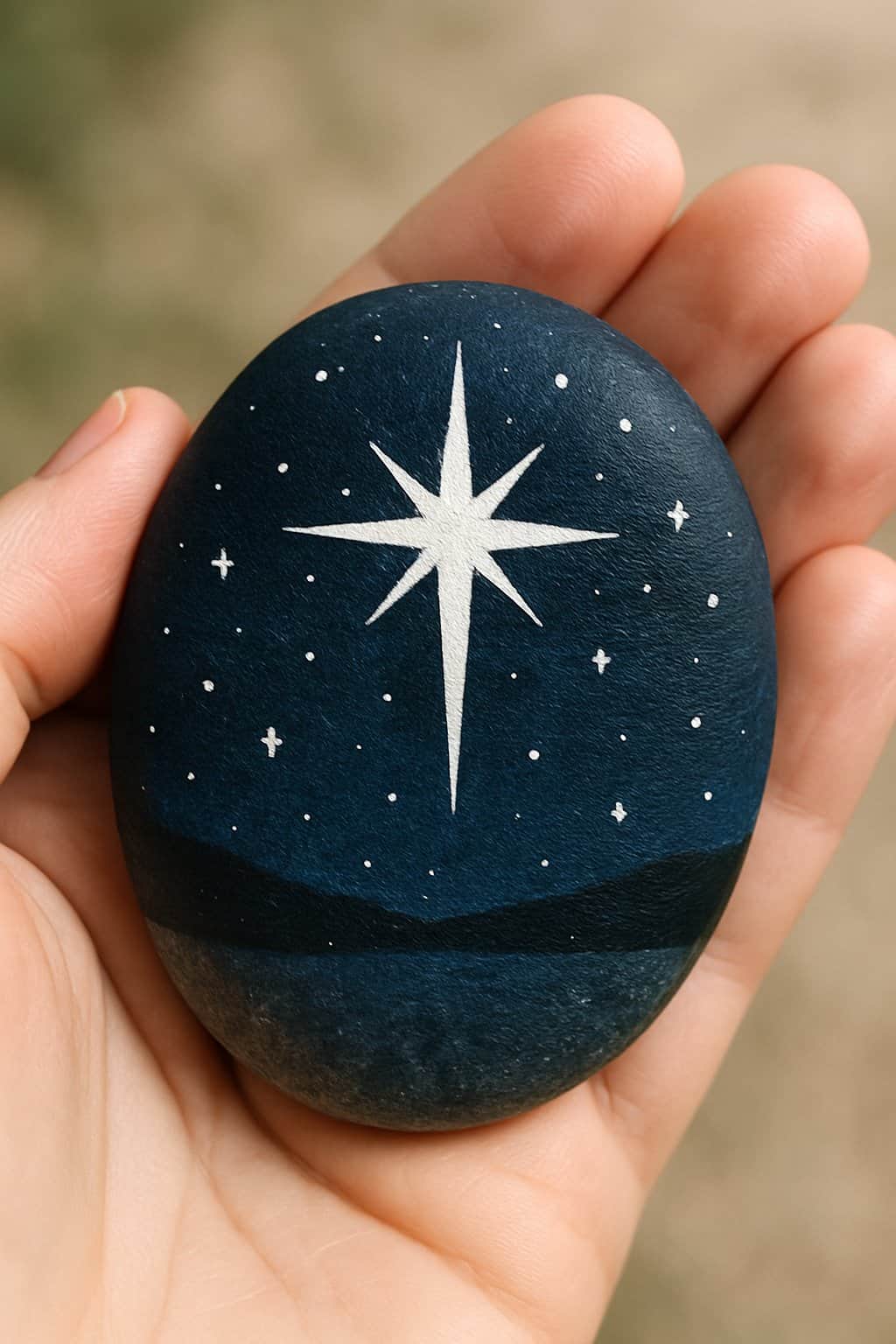 A hand holding a smooth river rock painted with a star and night sky design.