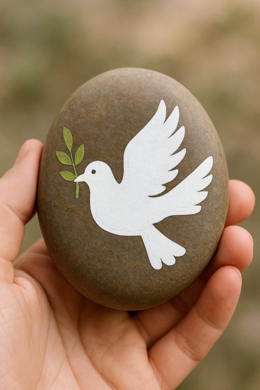 A hand holding a smooth river rock painted with a white dove carrying an olive branch.