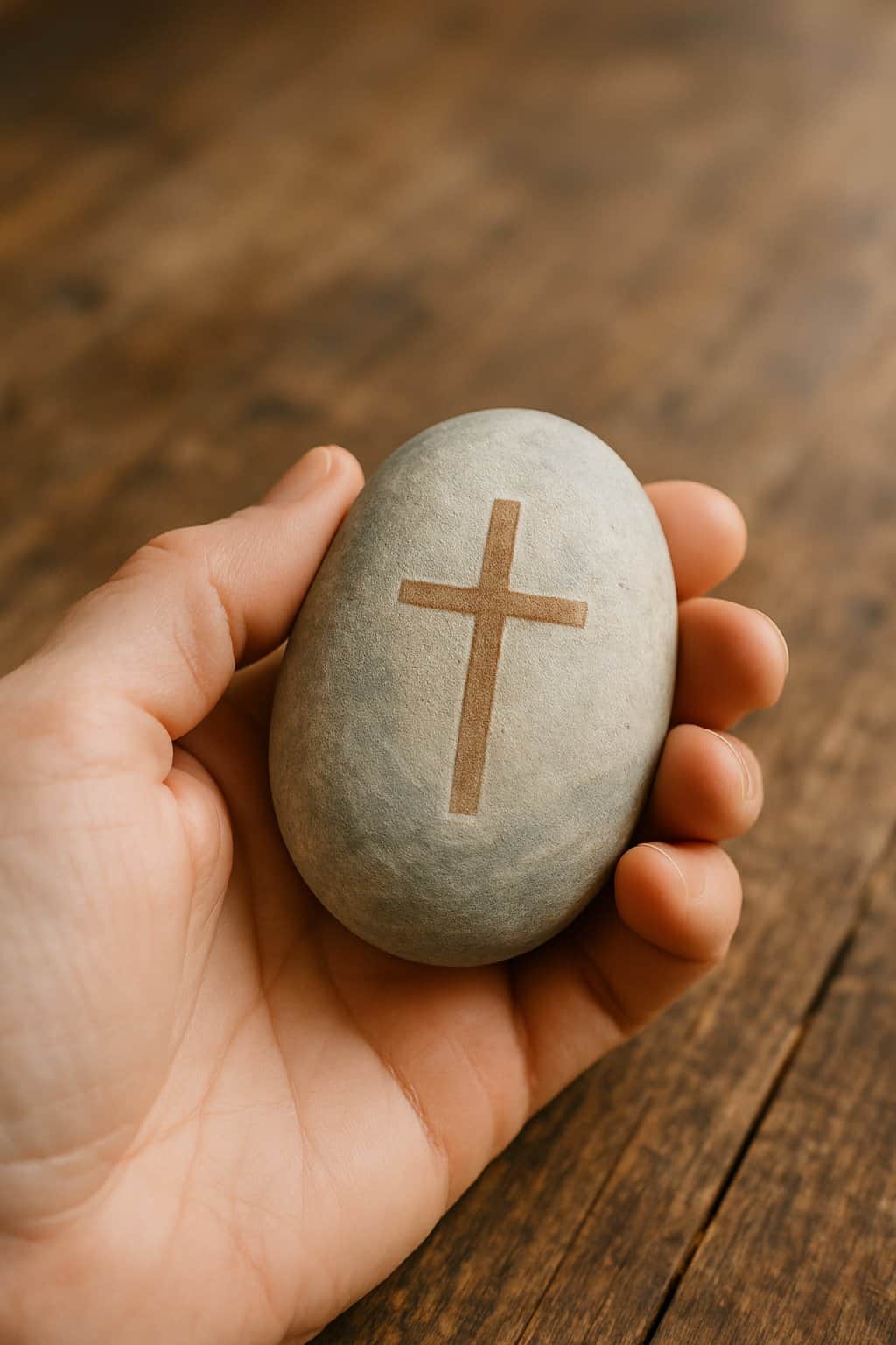 A hand holding a smooth painted river rock with a simple Christian design on a wooden table.