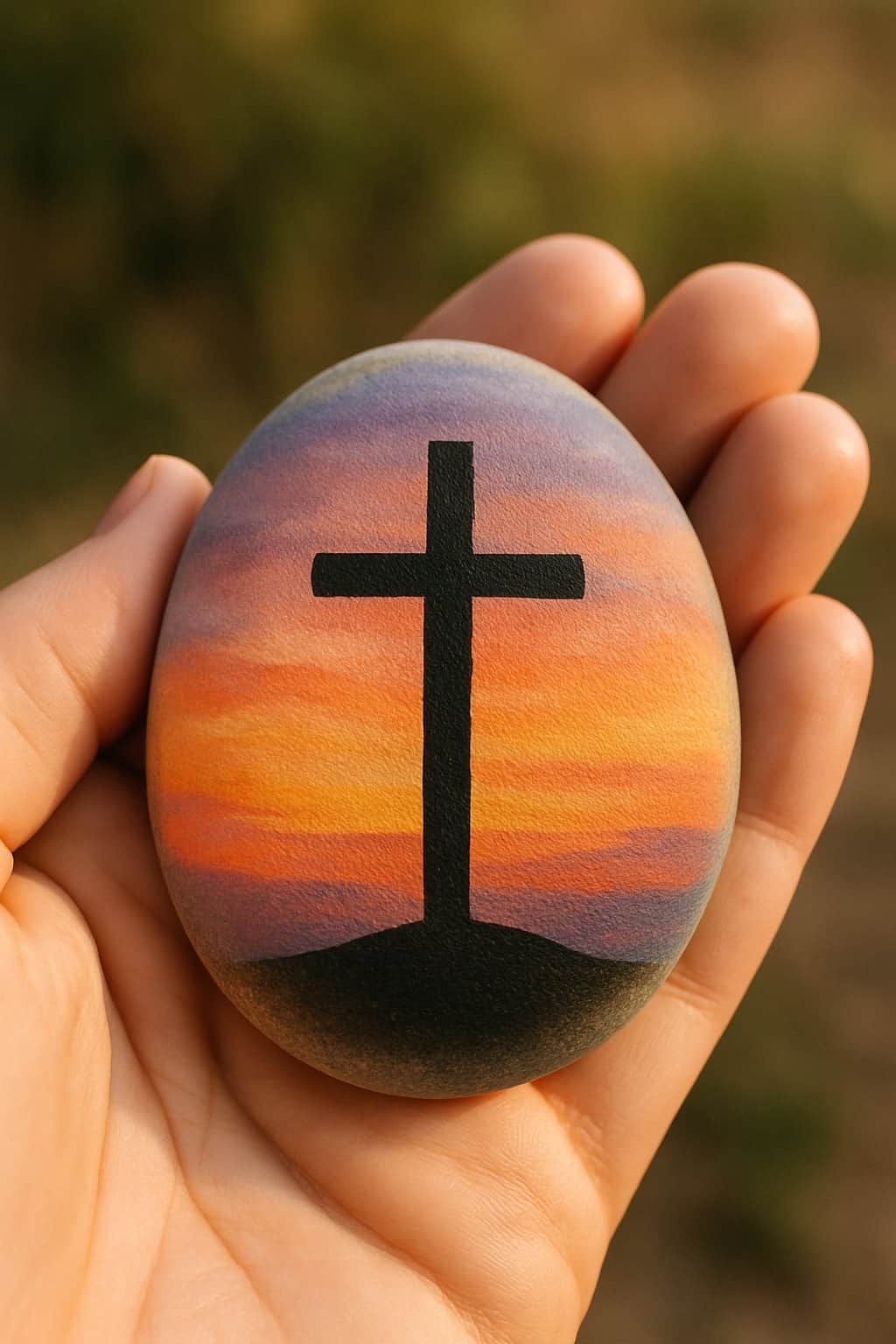 A hand holding a smooth river rock painted with a cross and a sunset background.
