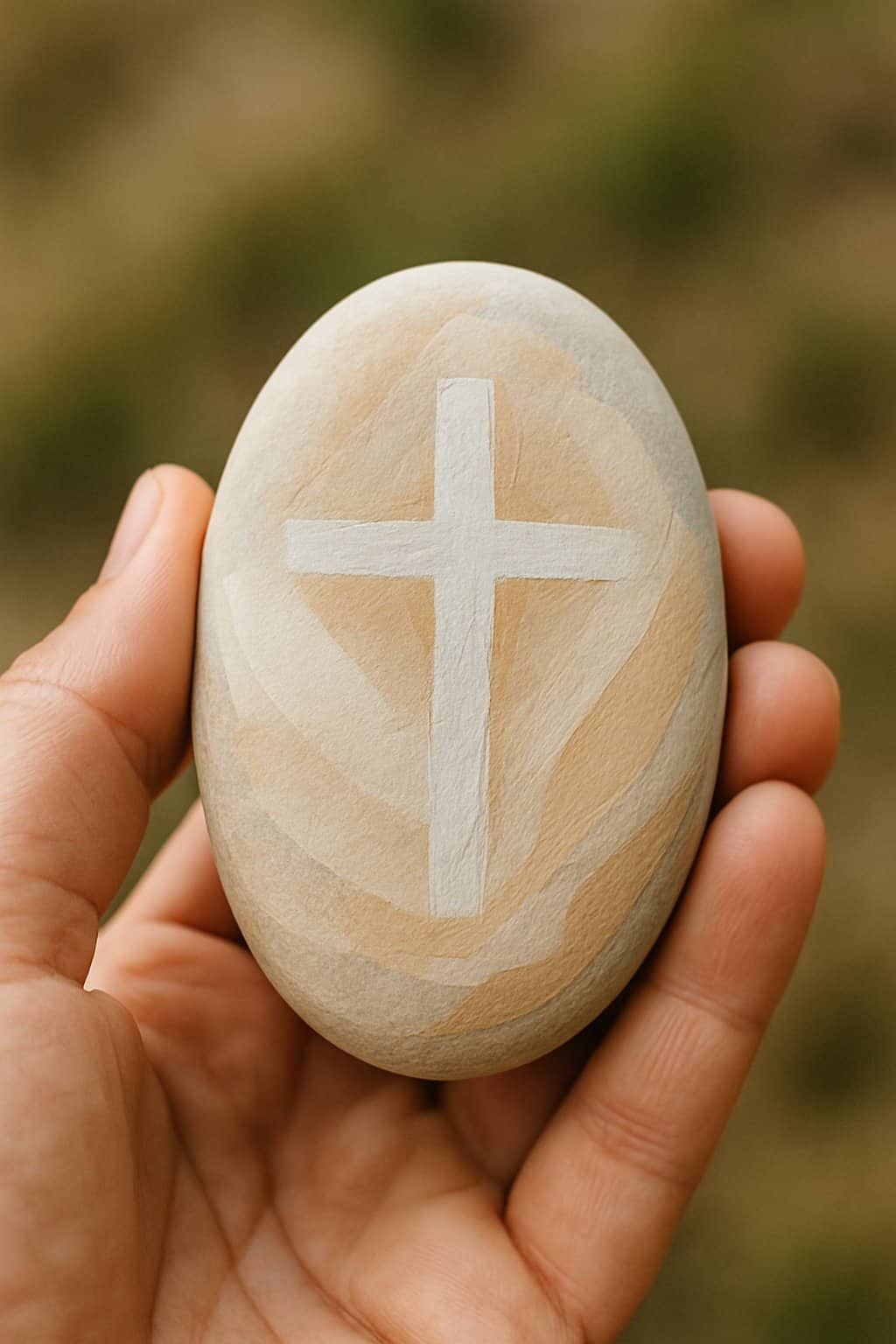 A hand holding a smooth painted river rock with a simple design against a softly blurred natural background.