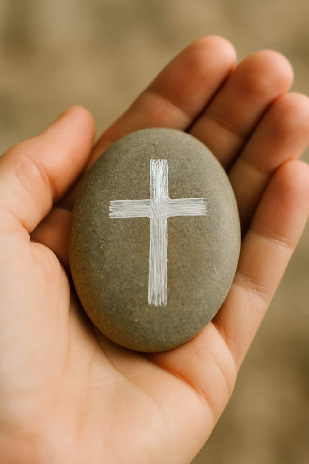 A hand holding a smooth river rock painted with a simple Christian design.