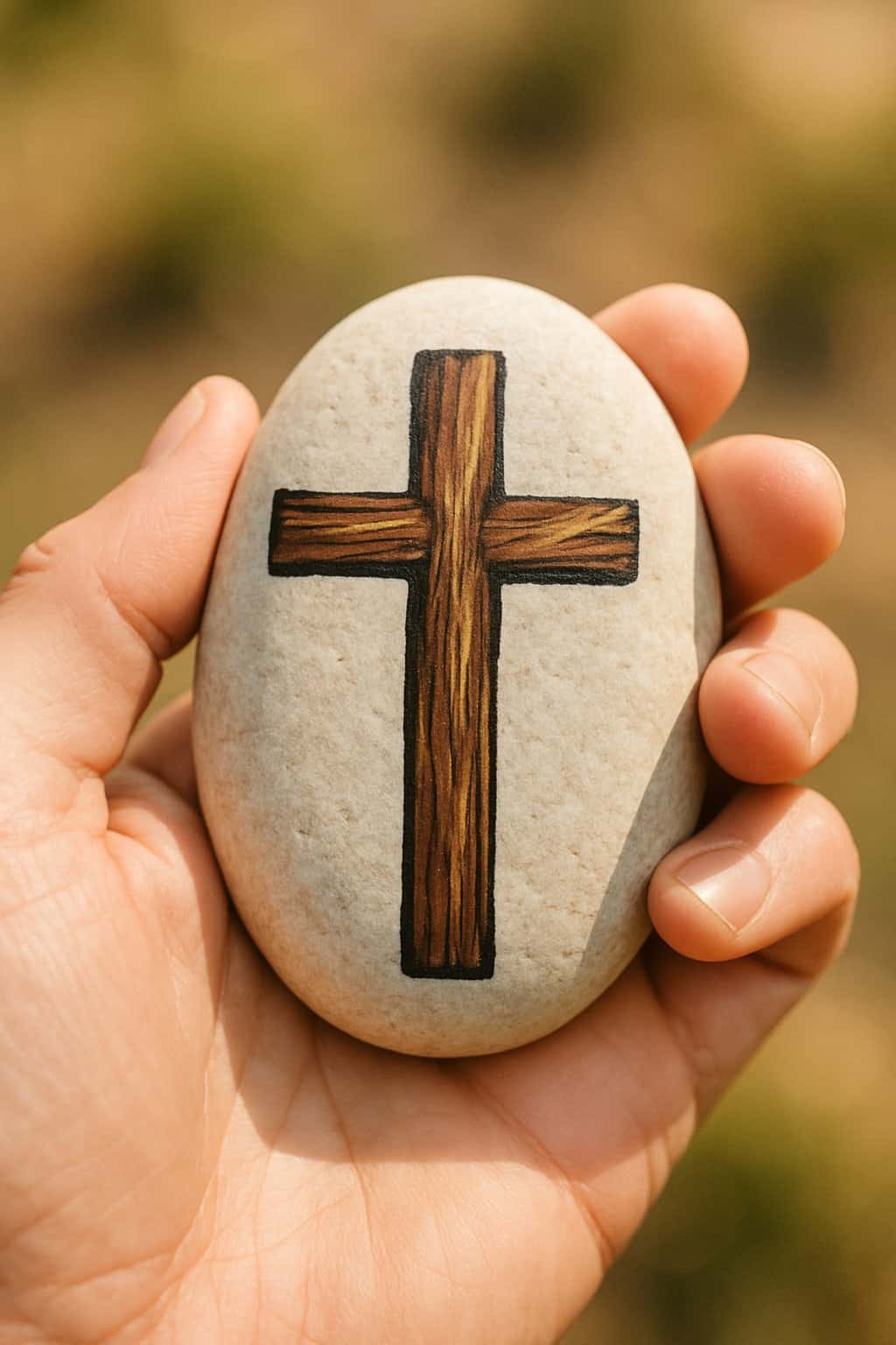 A hand holding a smooth painted river rock with a simple cross design outdoors in natural light.