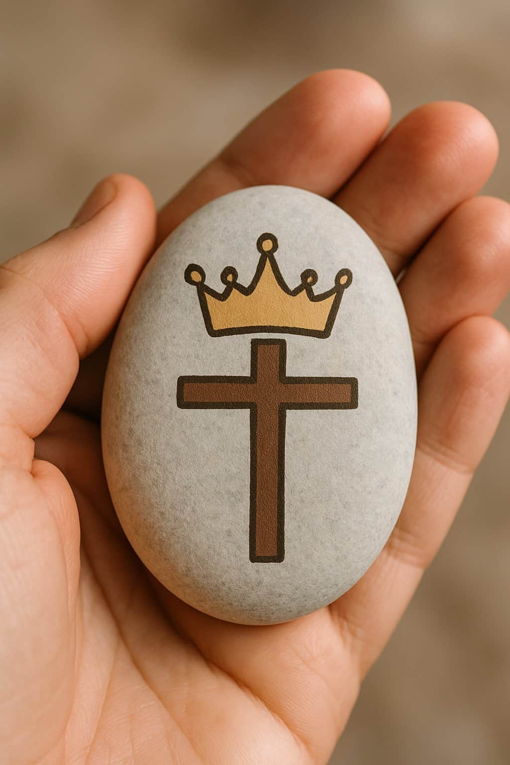 A hand holding a smooth river rock painted with a crown on a cross design.