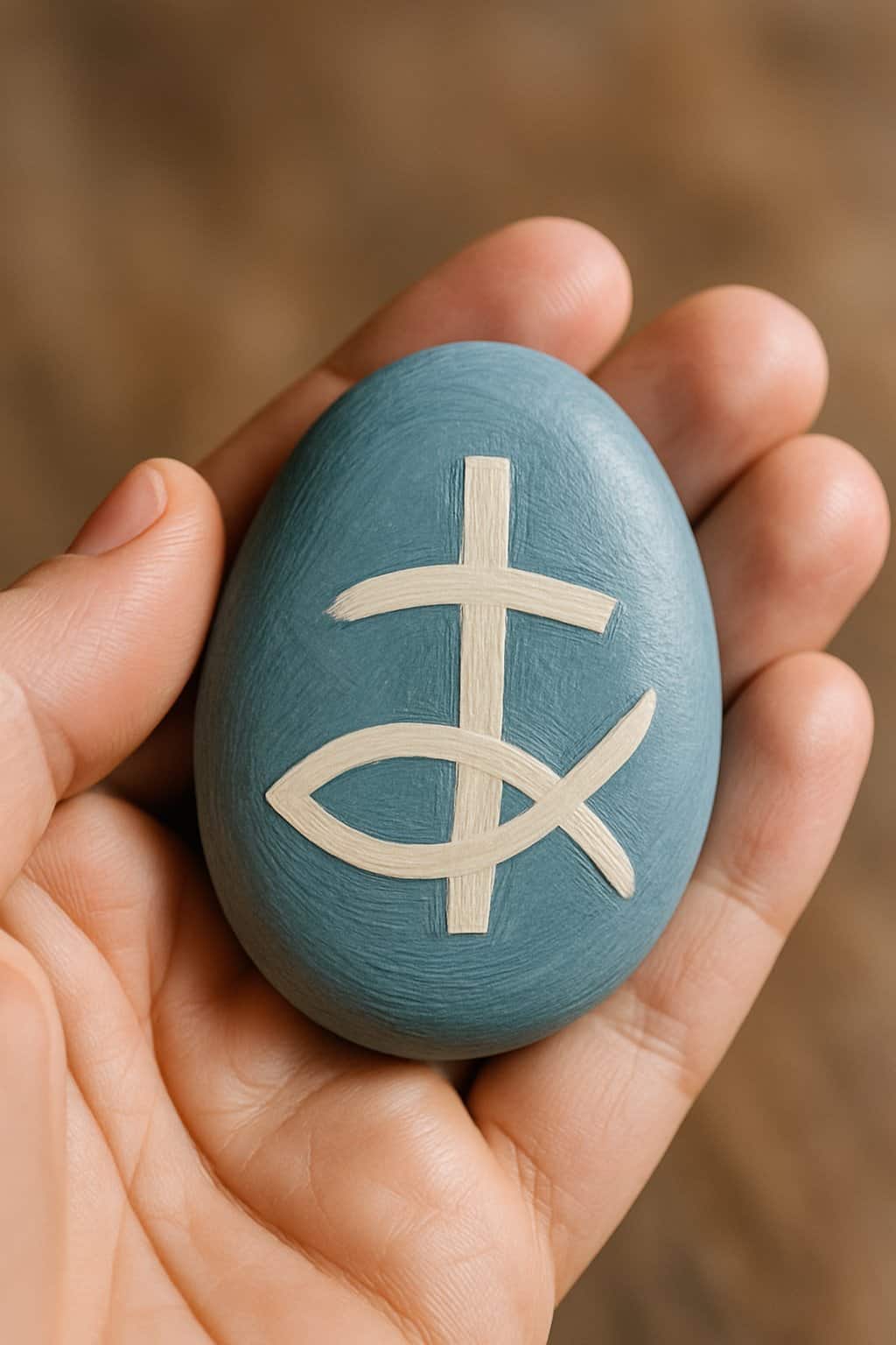 A hand holding a smooth painted river rock with a simple Christian design.