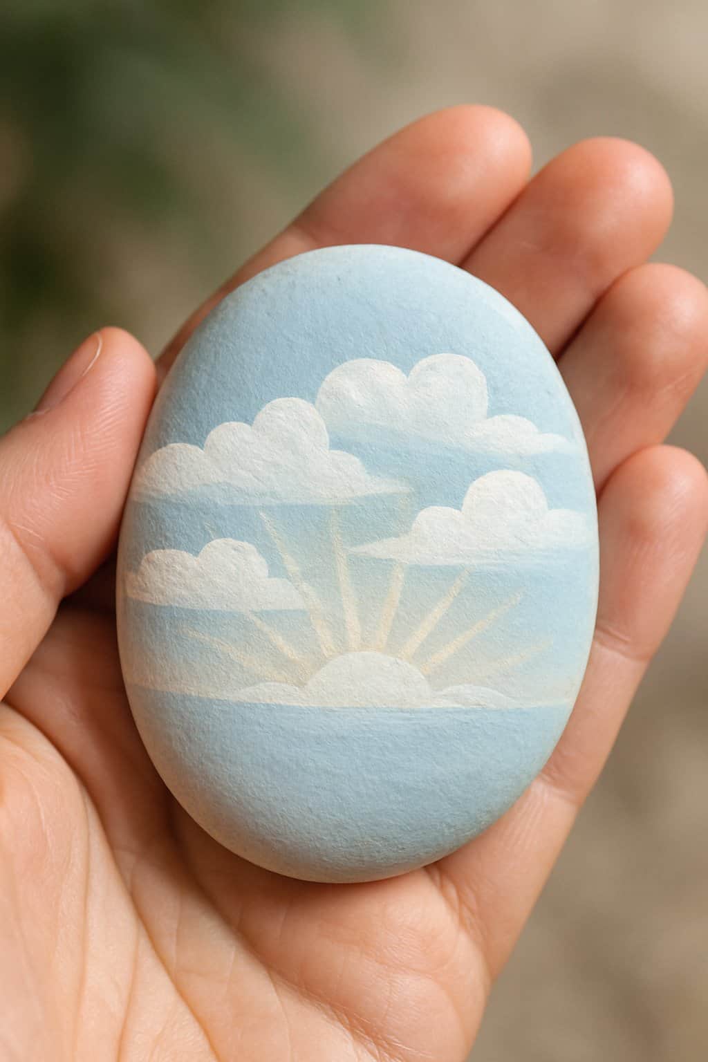 A hand holding a smooth river rock painted with a simple design of clouds parting with light.