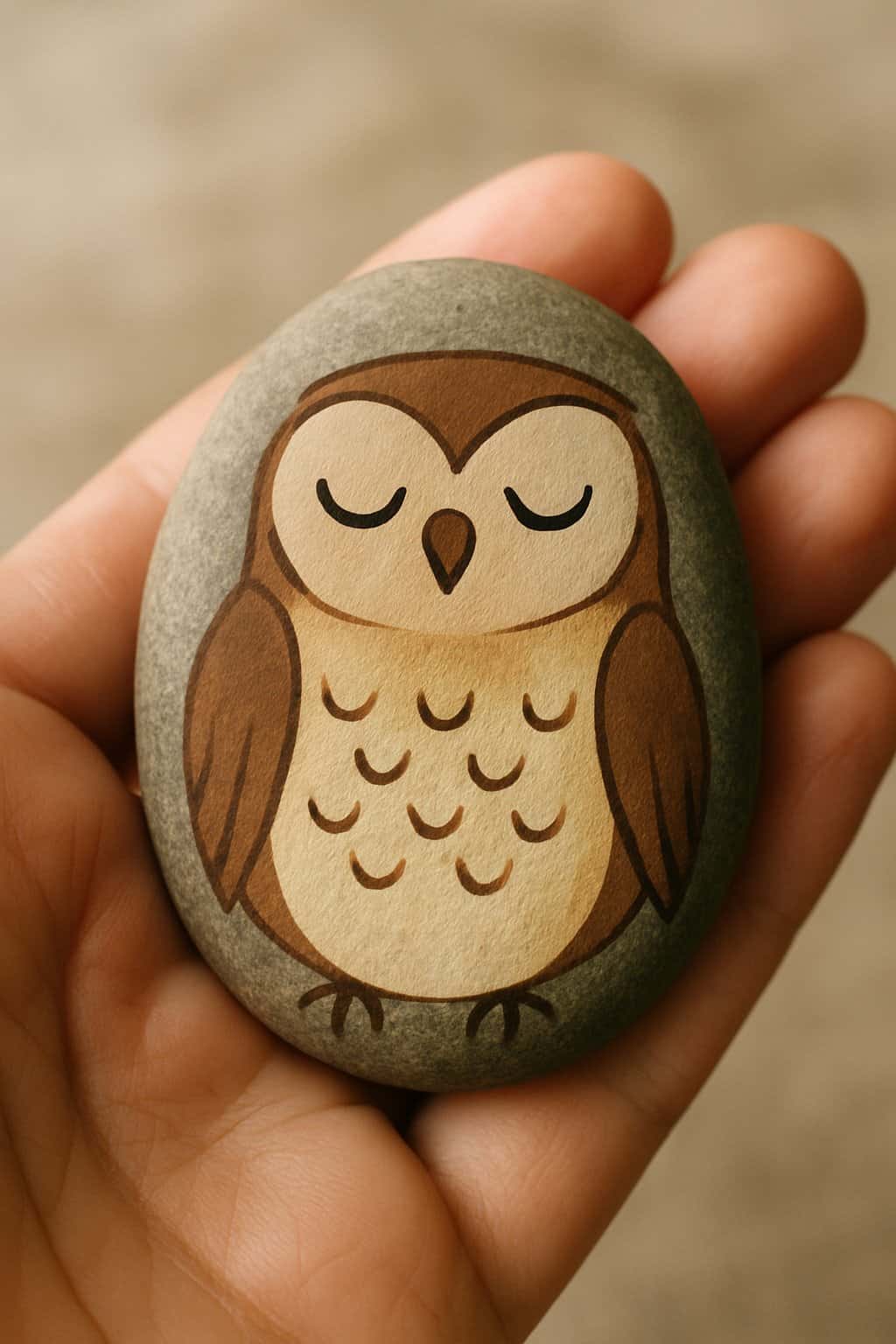 A hand holding a smooth river rock painted with an owl design.