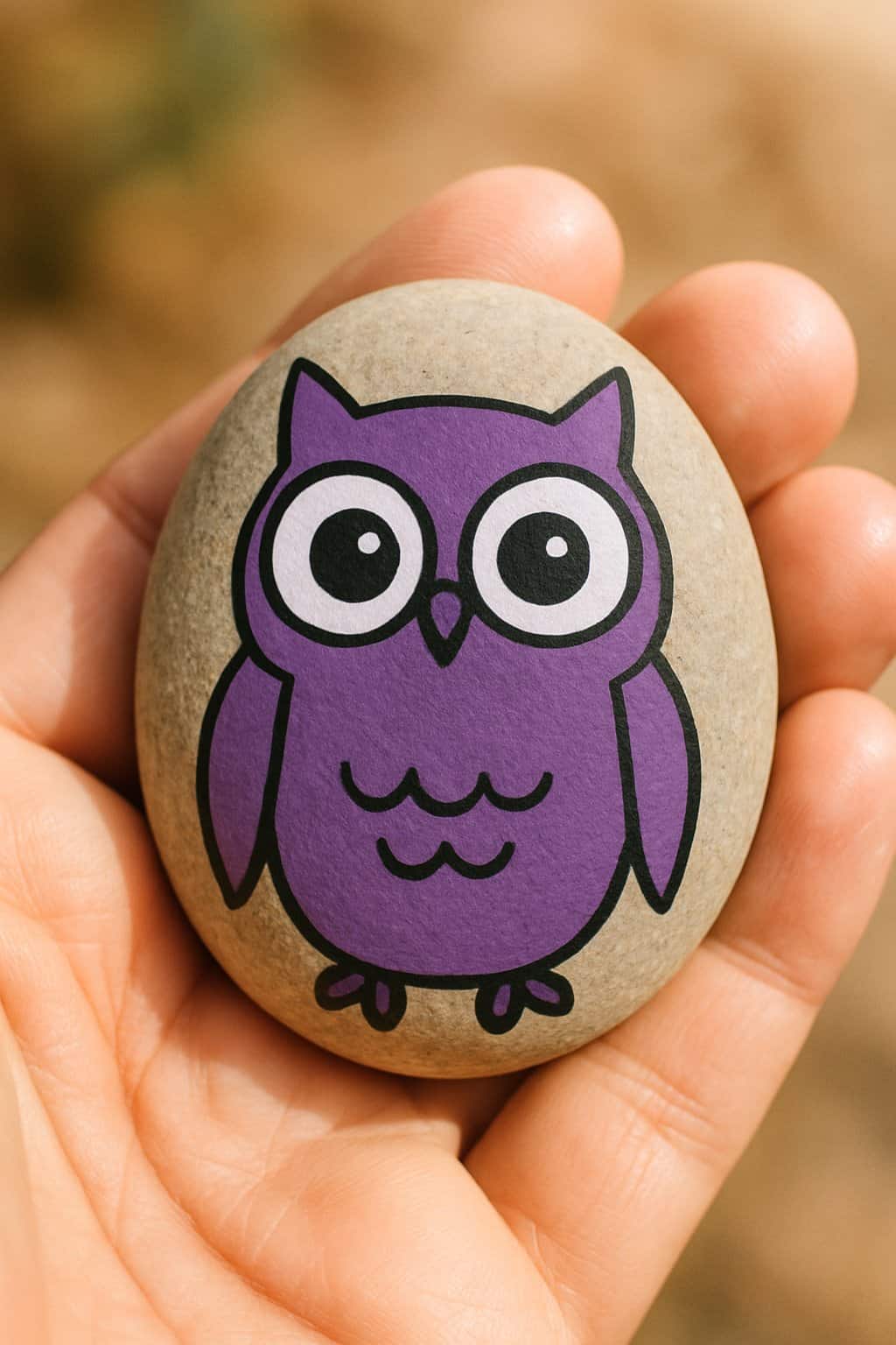 A hand holding a smooth river rock painted with a purple owl with big eyes.